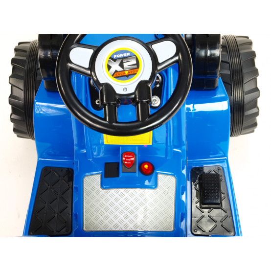 Elektrický traktor s dálkovým ovládáním, ovladatelnou lžící, pohonem obou zadních kol, MODRÝ